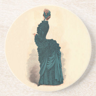 Antieke Victoriaanse Modeplaat: Teal Rococo-jurk Zandsteen Onderzetter