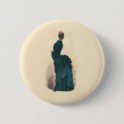 Antieke Victoriaanse modeplaat: Teal Rok met Bustl Ronde Button 5,7 Cm (Voorkant)