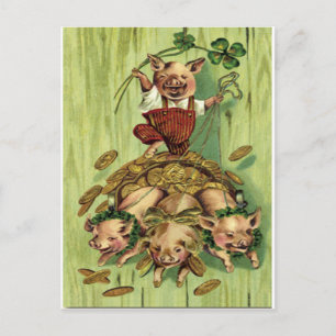 Antieke Vierbladige Klaver Varken Goud St. Patrick Briefkaart