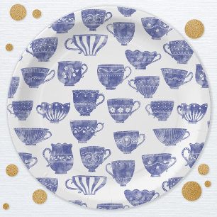 Antieke Vintage Blauwe Theekop Aquarel Papieren Bordje