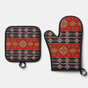 Antieke Vintage Gouden Onyx Rode Kilim Turkse Vloe Ovenwant & Pannenlap Set
