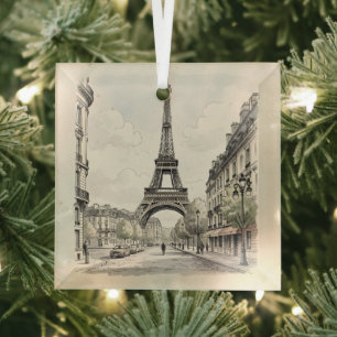 Antieke vintage reisillustratie van Parijs Glas Ornament