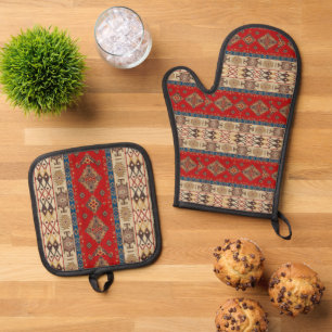 Antieke Vintage Rode Beige Kilim Turkse Vloerkleed Ovenwant & Pannenlap Set