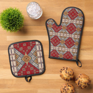 Antieke Vintage Rode Beige Kilim Turkse Vloerkleed Ovenwant & Pannenlap Set