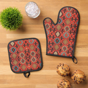 Antieke vintage verbrande rode Kilim Turkse vloerk Ovenwant & Pannenlap Set