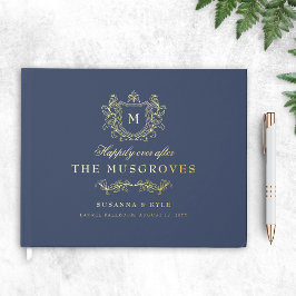 Antieke Vintage Wapenschild Monogram Navy & Goud T Gastenboek