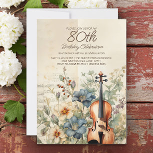 Antieke Viool Stofblauwe Bloemen 80ste Verjaardag Kaart