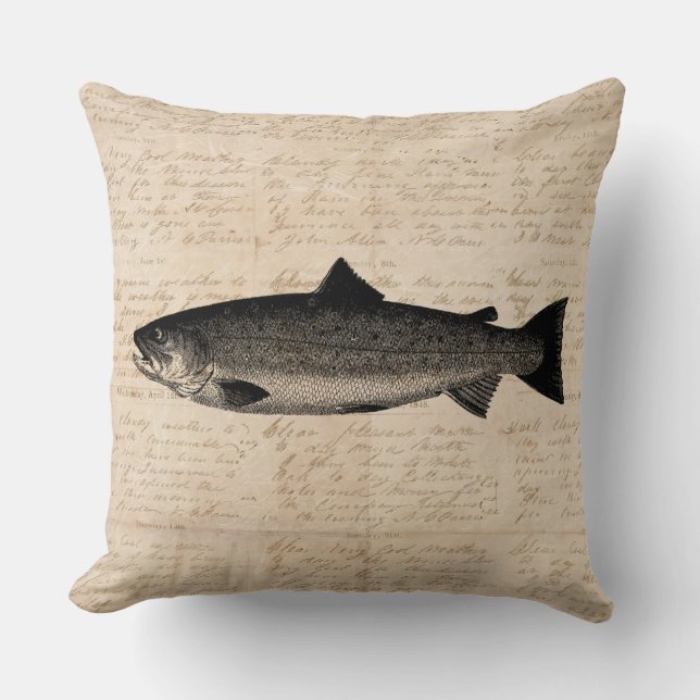 Antieke viskunst Forel Vis Illustratie Script Kussen (Voorkant)