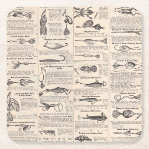 Antieke vislokmiddelen catalogus pagina vintage af kartonnen onderzetters