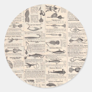 Antieke vislokmiddelen catalogus pagina vintage af ronde sticker