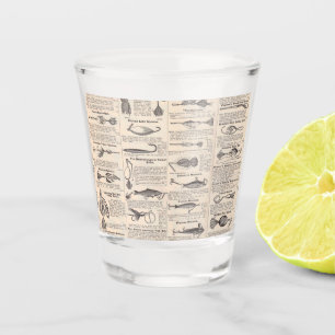 Antieke vislokmiddelen catalogus pagina vintage af shot glas