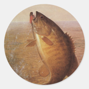 Antieke vissen, springende kleine baars aan de lij ronde sticker
