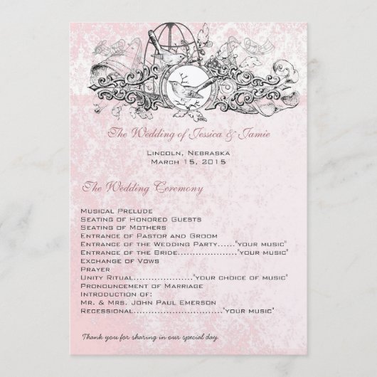 Antieke Vogelkooi Muziekscroll Huwelijksmenu Programmakaart (Voorkant)