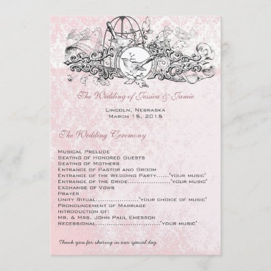 Antieke Vogelkooi Muziekscroll Trouwmenu Programmakaart (Voorkant)