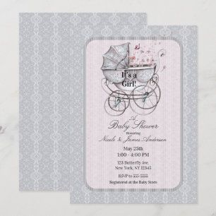 Antieke Wagentje Stroller Witte Kant Roze Baby Sho Kaart