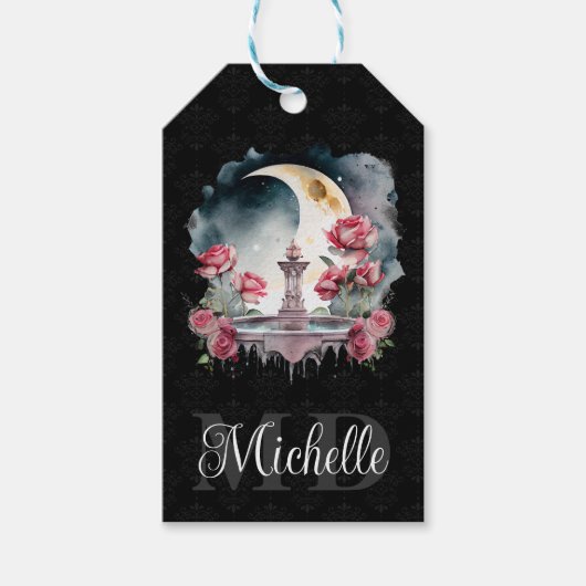 Antieke waterverf nachtbloem fontein monogram cadeaulabel (Voorkant)