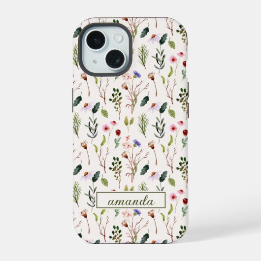 Antieke Waterverf Wilde Bloem Monogram Beginletter iPhone 15 Case (Achterkant)