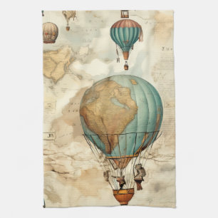 Antieke Wereldbol Kaarten Luchtballon Theedoek