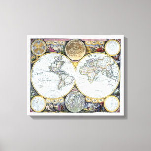 Antieke wereldkaart, Atlas Maritimus door John Sel Canvas Afdruk