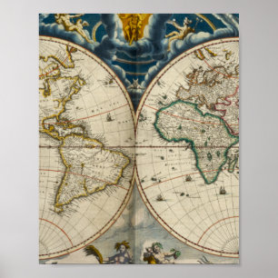 Antieke Wereldkaart - Blaeu, Joan 1664 Poster