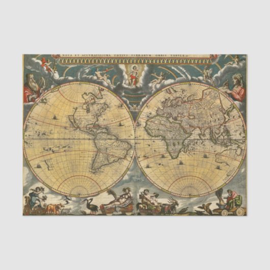 Antieke Wereldkaart J. Blaeu 1664 Tissuepapier (Voorkant)