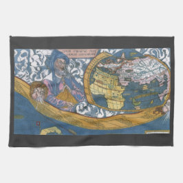 Antieke Wereldkaart met Claudius Ptolemaeus, 1507 Theedoek