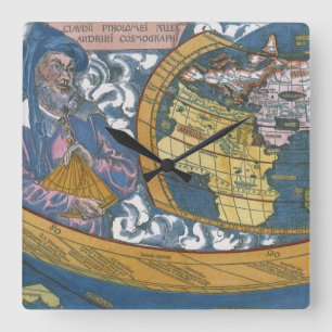 Antieke Wereldkaart met Claudius Ptolemaeus, 1507 Vierkante Klok