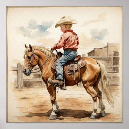 Antieke Westerse Kunst Blond Jongen op Paard Poster