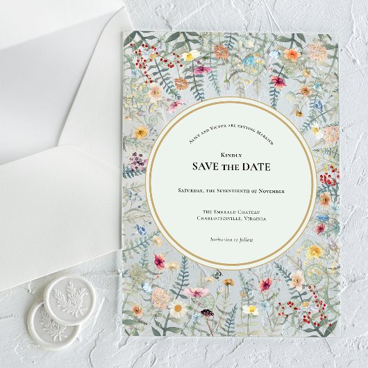 Antieke wilde bloem varen mintgroene save-the-date acryl uitnodigingen