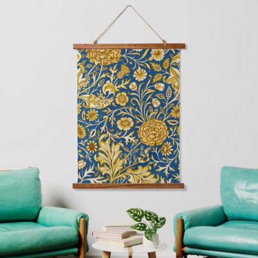 Antieke William Morris Cherwell Blauwe Bloem Kunst Hangend Wandkleed (Woonkamer)