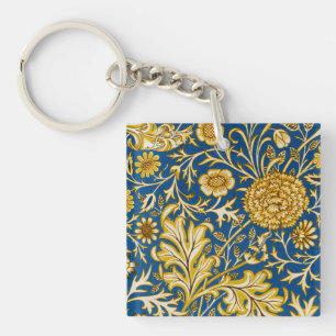 Antieke William Morris Cherwell Blauwe Bloem Kunst Sleutelhanger
