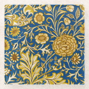 Antieke William Morris Cherwell Blauwe Bloemkunst Glazen Onderzetter