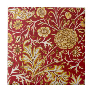 Antieke William Morris Cherwell Rode Bloem Kunst Tegeltje