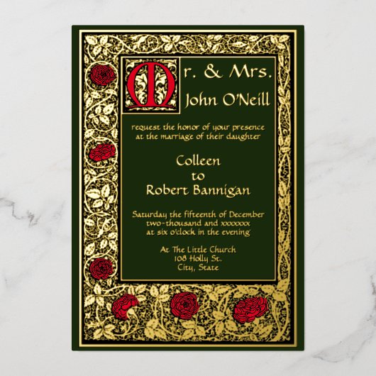 Antieke William Morris Kelmscott Pers Bloemige Roo Folie Uitnodiging (Voorkant)