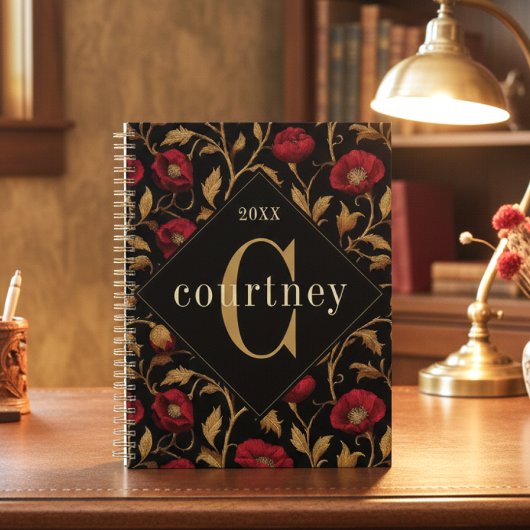 Antieke William Morris Rood Goud Klaproos Monogram Planner