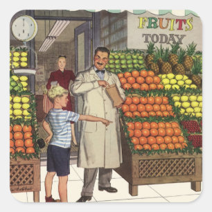 Antieke Winkel, Fruitkraam met Kruidenier en Jonge Vierkante Sticker