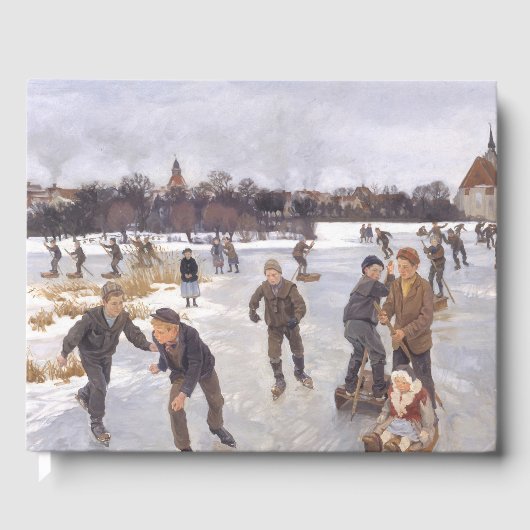 Antieke winterschaatsscène dorp fijnkunst gastenboek (Voorkant)