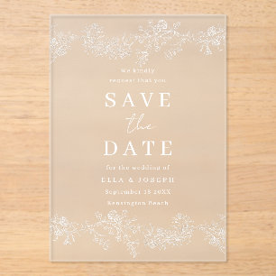 Antieke witte bloem bruiloft save the date acryl uitnodigingen