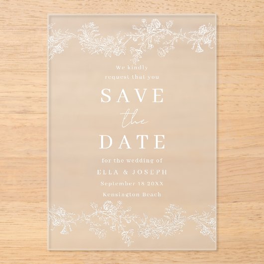 Antieke witte bloem bruiloft save the date acryl uitnodigingen (Voorkant)