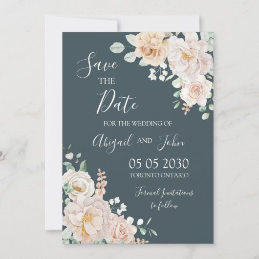 Antieke witte bloemige Navy Blue Save the Date kaa (Voorkant)