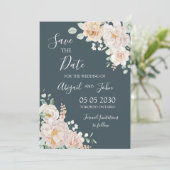Antieke witte bloemige Navy Blue Save the Date kaa (Staand voorkant)