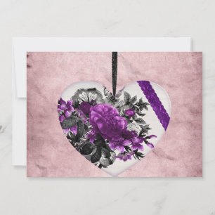 Antieke Witte Hart met Paarse Bloemen Feestdagenkaart