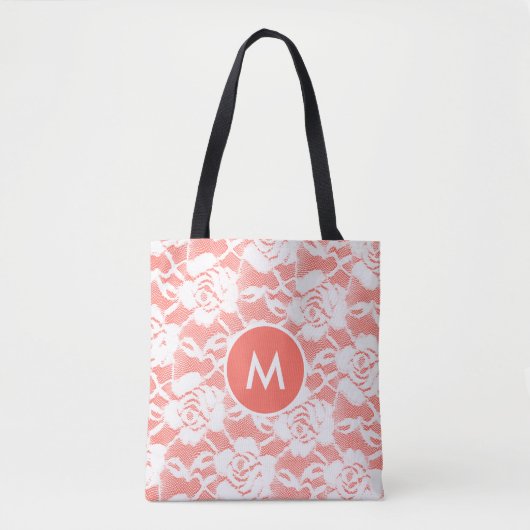 Antieke witte kant met koraalrood monogram en Chan Tote Bag (Voorkant)