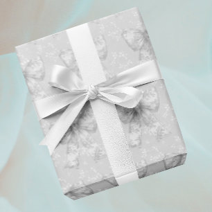 Antieke Witte Zilveren Grijs Bloem Motief Strikken Cadeaupapier