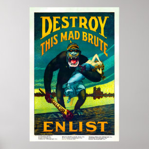 Antieke WW1 anti-Duitse poster Vernietig deze gekk