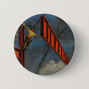Antieke Zakelijke, Arbeiders op Staalconstructie Ronde Button 5,7 Cm
