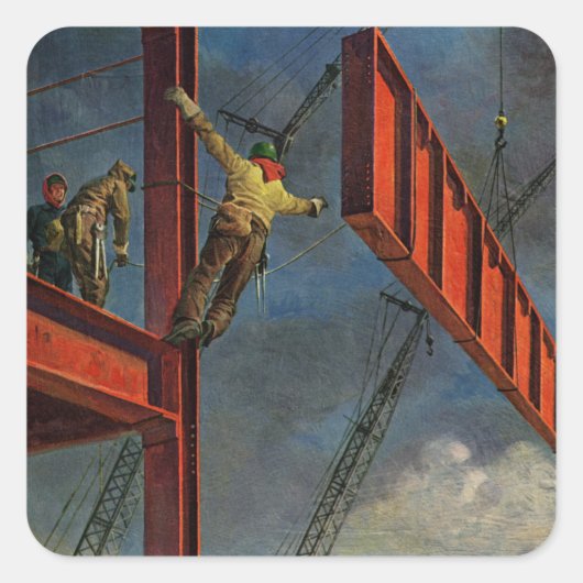 Antieke Zakelijke, Arbeiders op Staalconstructie Vierkante Sticker (Voorkant)