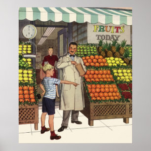 Antieke Zakelijke Fruitkraam met Kruidenier en Jon Poster