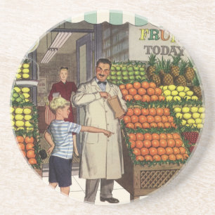 Antieke Zakelijke Fruitkraam met Kruidenier en Jon Zandsteen Onderzetter