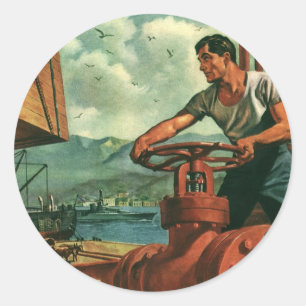 Antieke Zakelijke Olie Tanker Schip met Dokwerker Ronde Sticker